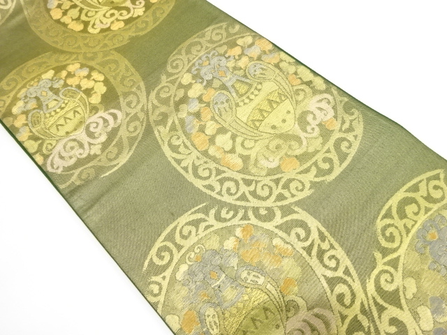 JAPANESE KIMONO / ANTIQUE FUKURO OBI / SILK / WOVEN ROUNDEL WITH FLOWER